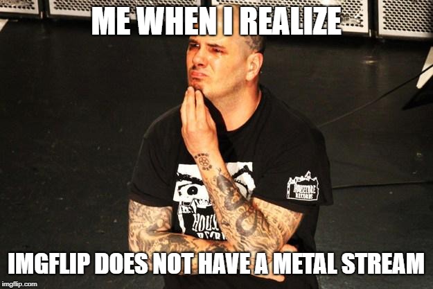 I think something needs to be done.. | ME WHEN I REALIZE; IMGFLIP DOES NOT HAVE A METAL STREAM | image tagged in funny,metal,streams,secret tag,metalhead | made w/ Imgflip meme maker