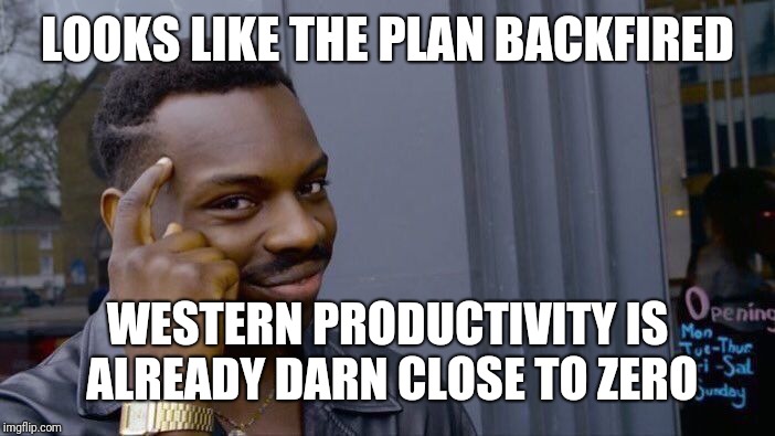 Roll Safe Think About It Meme | LOOKS LIKE THE PLAN BACKFIRED WESTERN PRODUCTIVITY IS ALREADY DARN CLOSE TO ZERO | image tagged in memes,roll safe think about it | made w/ Imgflip meme maker