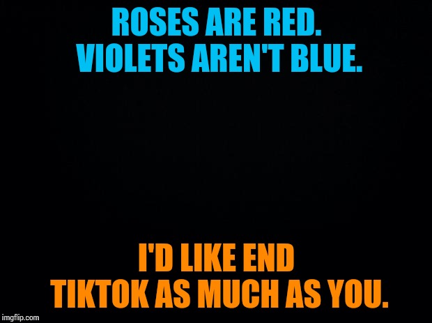 Black background | ROSES ARE RED. VIOLETS AREN'T BLUE. I'D LIKE END TIKTOK AS MUCH AS YOU. | image tagged in black background | made w/ Imgflip meme maker