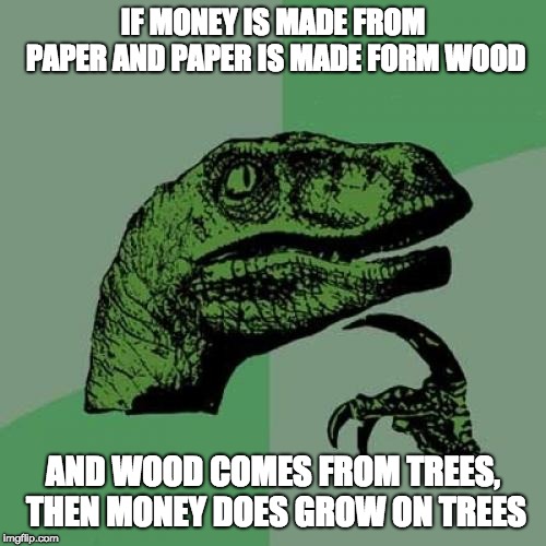 Philosoraptor | IF MONEY IS MADE FROM PAPER AND PAPER IS MADE FORM WOOD; AND WOOD COMES FROM TREES, THEN MONEY DOES GROW ON TREES | image tagged in memes,philosoraptor,money,trees,funny | made w/ Imgflip meme maker