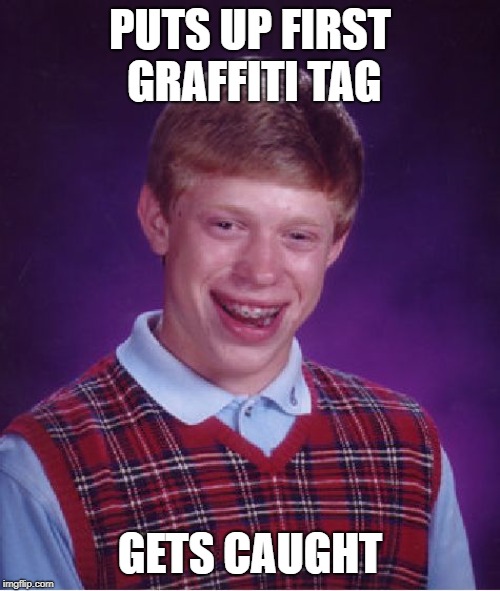 Bad Luck Brian | PUTS UP FIRST GRAFFITI TAG; GETS CAUGHT | image tagged in memes,bad luck brian | made w/ Imgflip meme maker