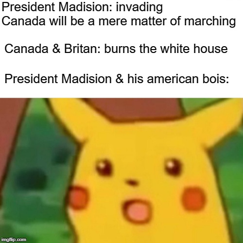 Surprised Pikachu Meme | President Madision: invading Canada will be a mere matter of marching; Canada & Britan: burns the white house; President Madision & his american bois: | image tagged in memes,surprised pikachu | made w/ Imgflip meme maker