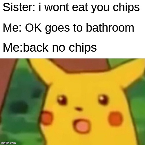 Surprised Pikachu | Sister: i wont eat you chips; Me: OK goes to bathroom; Me:back no chips | image tagged in memes,surprised pikachu | made w/ Imgflip meme maker