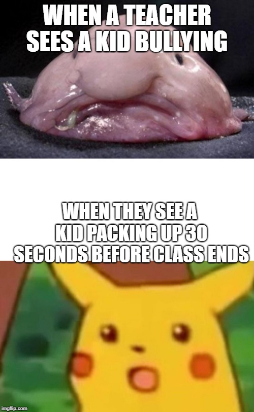 WHEN A TEACHER SEES A KID BULLYING; WHEN THEY SEE A KID PACKING UP 30 SECONDS BEFORE CLASS ENDS | image tagged in memes,surprised pikachu | made w/ Imgflip meme maker