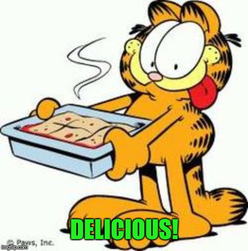 Garfield Lasagna | DELICIOUS! | image tagged in garfield lasagna | made w/ Imgflip meme maker
