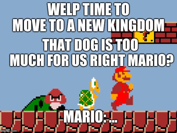 WELP TIME TO MOVE TO A NEW KINGDOM THAT DOG IS TOO MUCH FOR US RIGHT MARIO? MARIO: ... | made w/ Imgflip meme maker