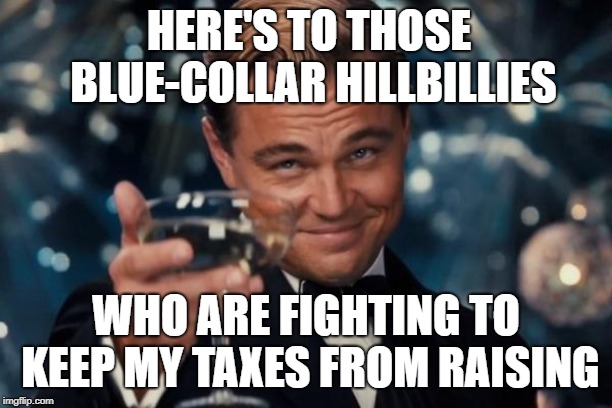 Leonardo Dicaprio Cheers Meme | HERE'S TO THOSE BLUE-COLLAR HILLBILLIES; WHO ARE FIGHTING TO KEEP MY TAXES FROM RAISING | image tagged in memes,leonardo dicaprio cheers | made w/ Imgflip meme maker