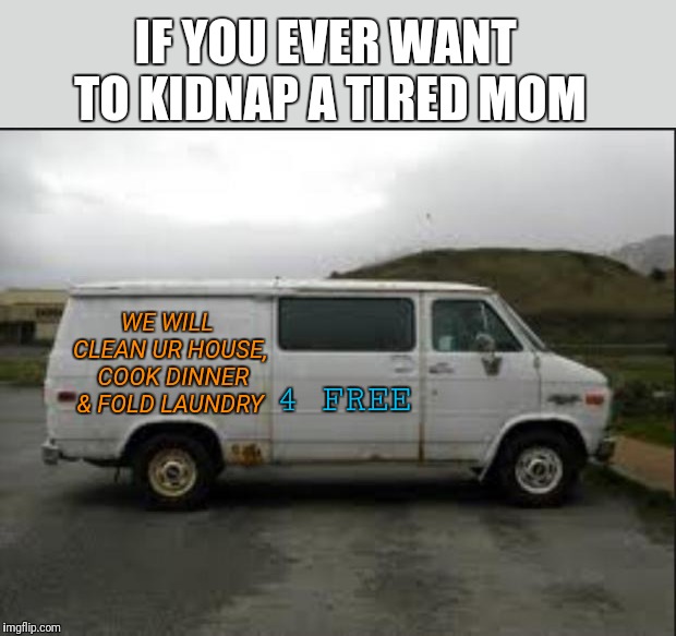 It's really tempting |  IF YOU EVER WANT TO KIDNAP A TIRED MOM; WE WILL CLEAN UR HOUSE,  COOK DINNER & FOLD LAUNDRY; 4 FREE | image tagged in creepy van,mom,parenting | made w/ Imgflip meme maker