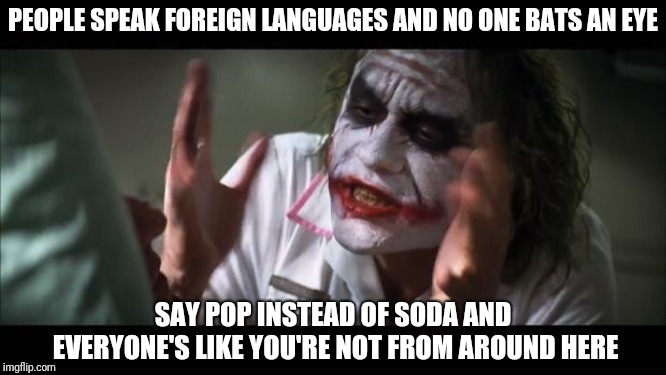 And everybody loses their minds Meme | PEOPLE SPEAK FOREIGN LANGUAGES AND NO ONE BATS AN EYE; SAY POP INSTEAD OF SODA AND EVERYONE'S LIKE YOU'RE NOT FROM AROUND HERE | image tagged in memes,and everybody loses their minds | made w/ Imgflip meme maker