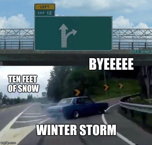 Left Exit 12 Off Ramp Meme | BYEEEEE; TEN FEET OF SNOW; WINTER STORM | image tagged in memes,left exit 12 off ramp | made w/ Imgflip meme maker