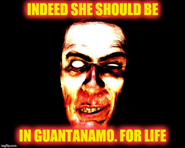 , burning | INDEED SHE SHOULD BE IN GUANTANAMO. FOR LIFE | image tagged in g-man from half-life | made w/ Imgflip meme maker