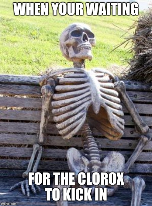 Waiting Skeleton | WHEN YOUR WAITING; FOR THE CLOROX TO KICK IN | image tagged in memes,waiting skeleton | made w/ Imgflip meme maker
