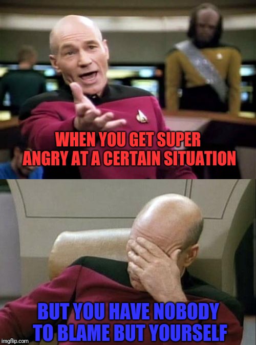 Meeee rn | WHEN YOU GET SUPER ANGRY AT A CERTAIN SITUATION; BUT YOU HAVE NOBODY TO BLAME BUT YOURSELF | image tagged in memes,picard wtf,captain picard facepalm,when you | made w/ Imgflip meme maker