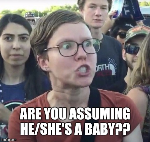 Triggered feminist | ARE YOU ASSUMING HE/SHE'S A BABY?? | image tagged in triggered feminist | made w/ Imgflip meme maker