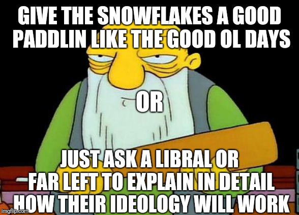 That's a paddlin' Meme | GIVE THE SNOWFLAKES A GOOD PADDLIN LIKE THE GOOD OL DAYS JUST ASK A LIBRAL OR FAR LEFT TO EXPLAIN IN DETAIL HOW THEIR IDEOLOGY WILL WORK OR | image tagged in memes,that's a paddlin' | made w/ Imgflip meme maker