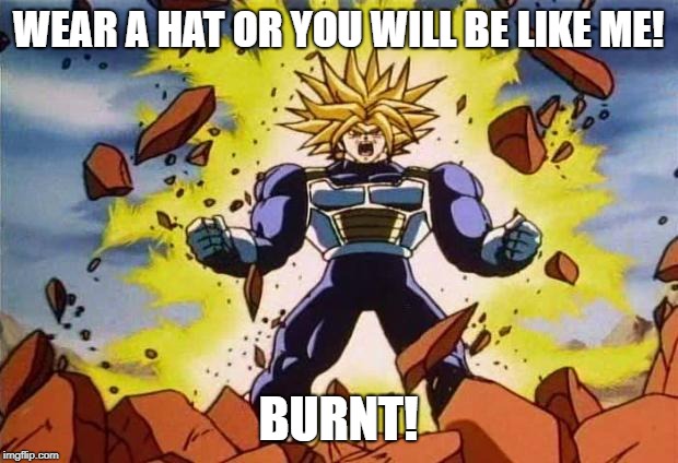 Dragon ball z | WEAR A HAT OR YOU WILL BE LIKE ME! BURNT! | image tagged in dragon ball z | made w/ Imgflip meme maker