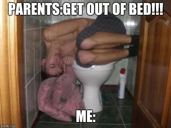 Sleeping on toilet | PARENTS:GET OUT OF BED!!! ME: | image tagged in sleeping on toilet | made w/ Imgflip meme maker