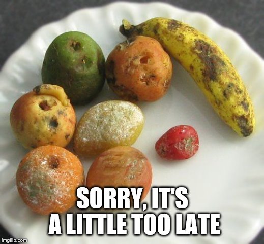 Moldy fruit | SORRY, IT'S A LITTLE TOO LATE | image tagged in moldy fruit | made w/ Imgflip meme maker