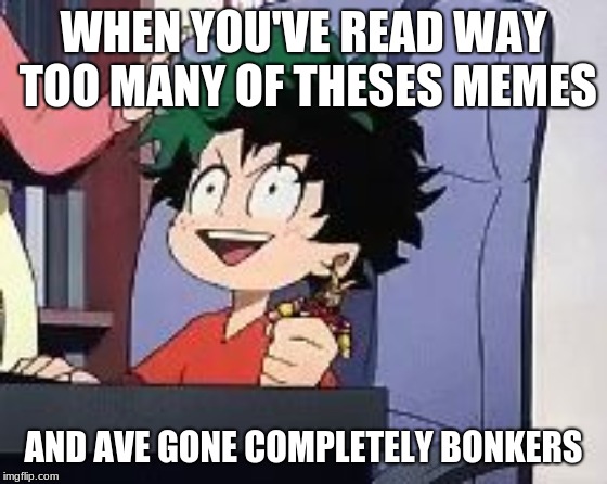 Exited Deku | WHEN YOU'VE READ WAY TOO MANY OF THESES MEMES; AND AVE GONE COMPLETELY BONKERS | image tagged in exited deku | made w/ Imgflip meme maker