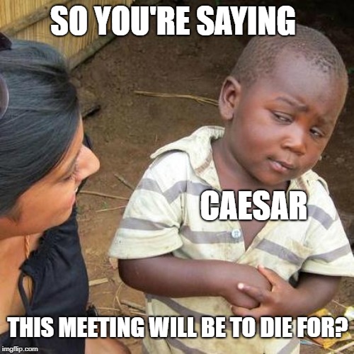 Third World Skeptical Kid | SO YOU'RE SAYING; CAESAR; THIS MEETING WILL BE TO DIE FOR? | image tagged in memes,third world skeptical kid | made w/ Imgflip meme maker
