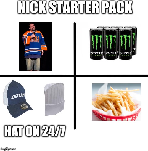 Blank Starter Pack | NICK STARTER PACK; HAT ON 24/7 | image tagged in memes,blank starter pack | made w/ Imgflip meme maker