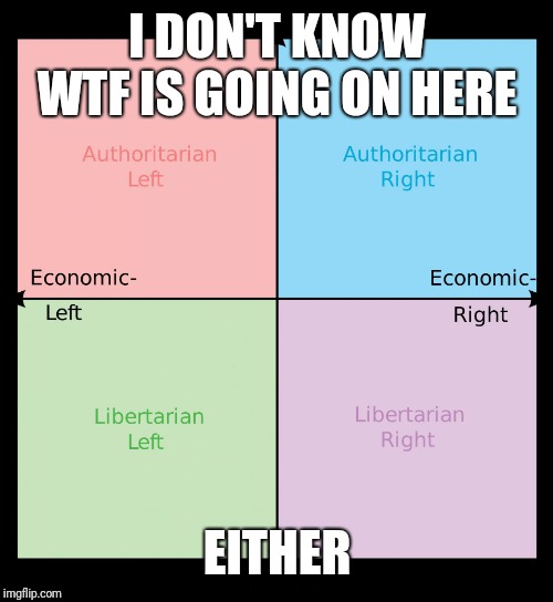 Political compass | I DON'T KNOW WTF IS GOING ON HERE EITHER | image tagged in political compass | made w/ Imgflip meme maker