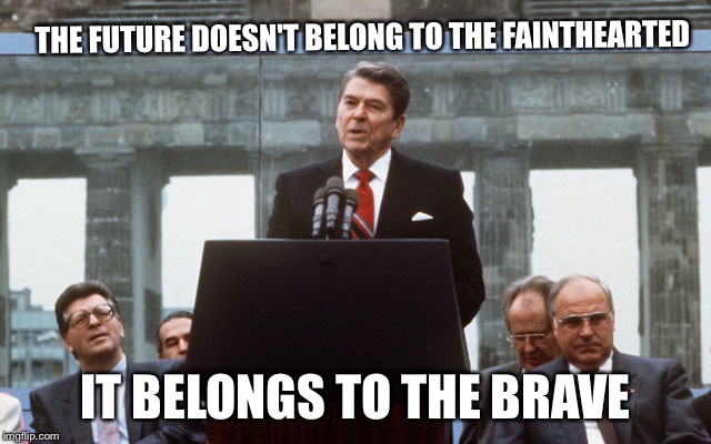 Overcome negativity and go forward with grace and courage | THE FUTURE DOESN'T BELONG TO THE FAINTHEARTED IT BELONGS TO THE BRAVE | image tagged in ronald reagan wall,future,courage,positive thinking,memes | made w/ Imgflip meme maker