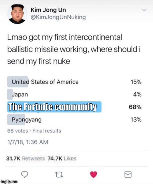 Kim-Jong-un Nuke Poll | The Fortnite community | image tagged in kim-jong-un nuke poll | made w/ Imgflip meme maker