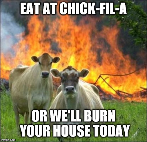 Evil Cows Meme | EAT AT CHICK-FIL-A OR WE'LL BURN YOUR HOUSE TODAY | image tagged in memes,evil cows | made w/ Imgflip meme maker