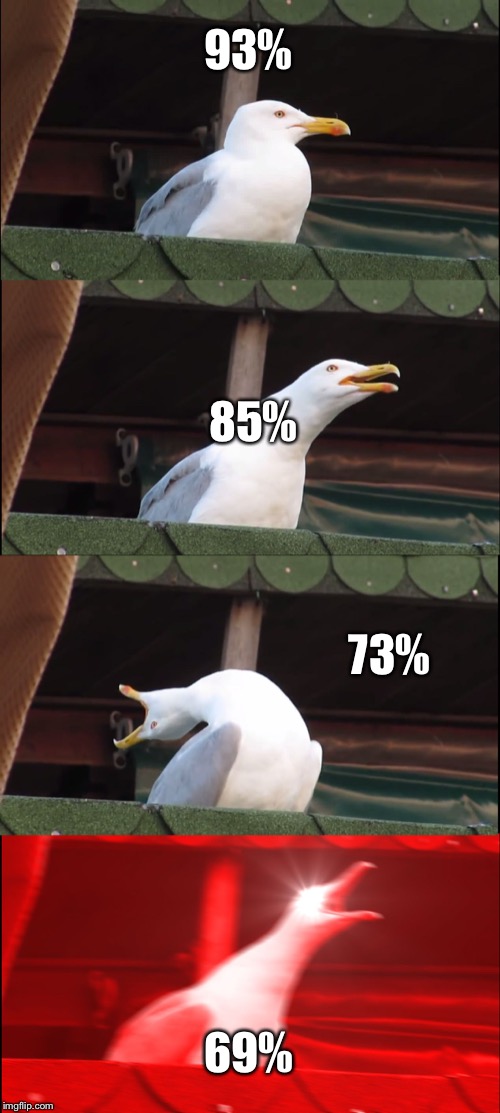 Test grades | 93%; 85%; 73%; 69% | image tagged in memes,inhaling seagull | made w/ Imgflip meme maker