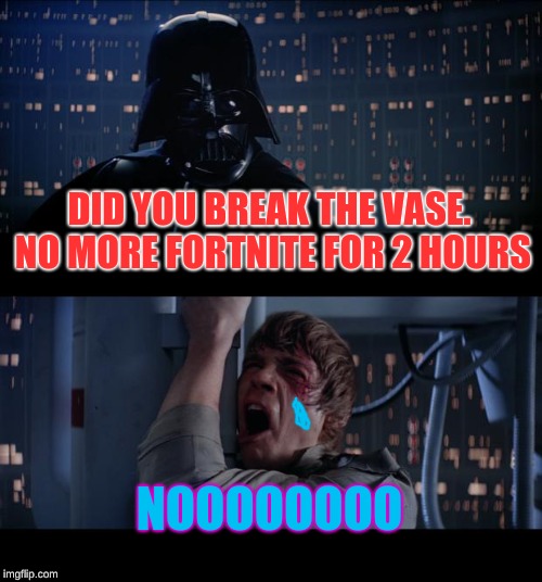 Star Wars No | DID YOU BREAK THE VASE. NO MORE FORTNITE FOR 2 HOURS; NOOOOOOOO | image tagged in memes,star wars no | made w/ Imgflip meme maker