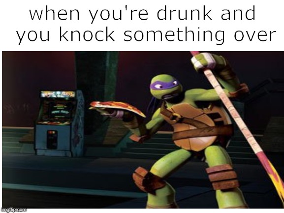 Or when you're just super sleepy and you want a snack and you drop a spoon | when you're drunk and you knock something over | image tagged in when,memes,funny,tmnt,teenage mutant ninja turtles,drunk | made w/ Imgflip meme maker