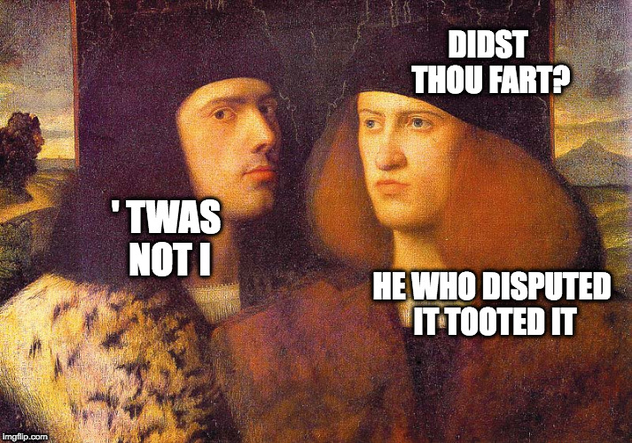 Classical Art Fart | DIDST THOU FART? ' TWAS NOT I; HE WHO DISPUTED IT TOOTED IT | image tagged in renaissance portrait two men,fart,classical art memes,art history memes,renaissance,classical art | made w/ Imgflip meme maker