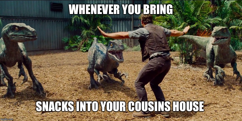 Jurassic park raptor | WHENEVER YOU BRING; SNACKS INTO YOUR COUSINS HOUSE | image tagged in jurassic park raptor | made w/ Imgflip meme maker
