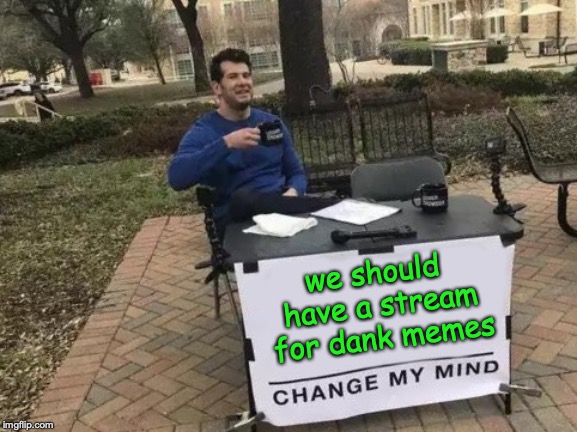 If you do not upvote this, you are a normie.  | we should have a stream for dank memes | image tagged in change my mind,memes,funny,dank memes,imgflip | made w/ Imgflip meme maker