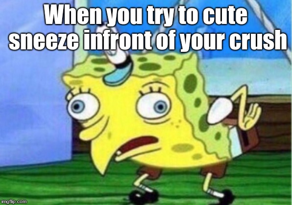 Mocking Spongebob | When you try to cute sneeze infront of your crush | image tagged in memes,mocking spongebob | made w/ Imgflip meme maker