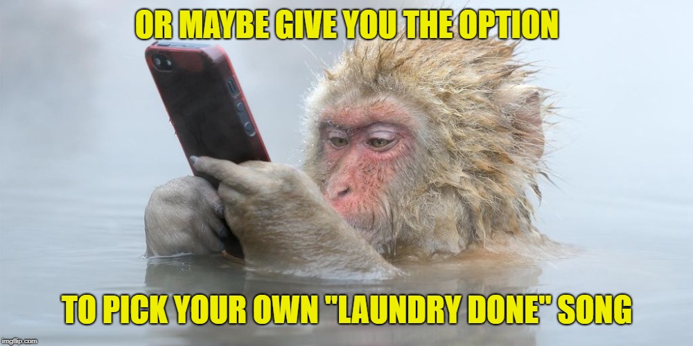 Ipod Snowmonkey | OR MAYBE GIVE YOU THE OPTION TO PICK YOUR OWN "LAUNDRY DONE" SONG | image tagged in ipod snowmonkey | made w/ Imgflip meme maker