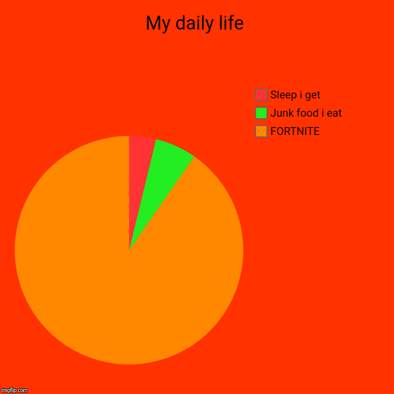 My daily life | FORTNITE, Junk food i eat, Sleep i get | image tagged in charts,pie charts | made w/ Imgflip chart maker