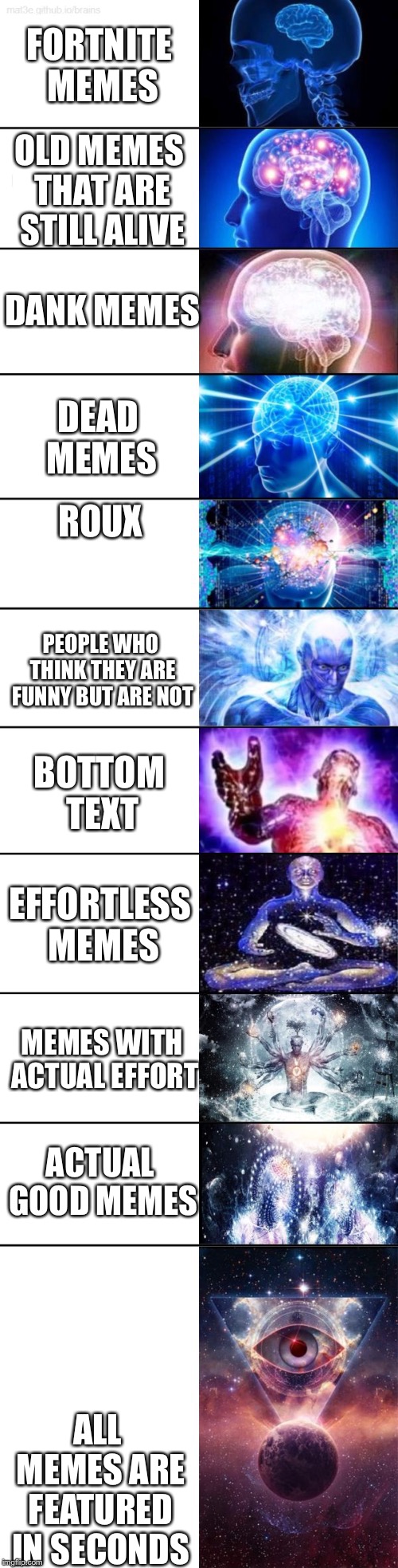 Extended Expanding Brain | FORTNITE MEMES; OLD MEMES THAT ARE STILL ALIVE; DANK MEMES; DEAD MEMES; ROUX; PEOPLE WHO THINK THEY ARE FUNNY BUT ARE NOT; BOTTOM TEXT; EFFORTLESS MEMES; MEMES WITH ACTUAL EFFORT; ACTUAL GOOD MEMES; ALL MEMES ARE FEATURED IN SECONDS | image tagged in extended expanding brain | made w/ Imgflip meme maker