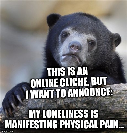 Confession Bear | THIS IS AN ONLINE CLICHE, BUT I WANT TO ANNOUNCE:; MY LONELINESS IS MANIFESTING PHYSICAL PAIN... | image tagged in memes,confession bear | made w/ Imgflip meme maker