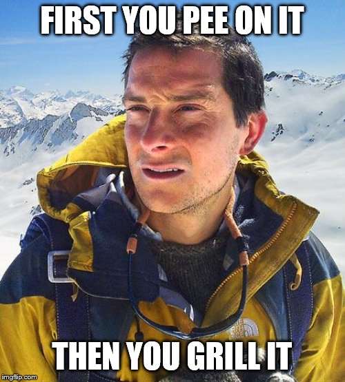 Bear Grylls Meme | FIRST YOU PEE ON IT THEN YOU GRILL IT | image tagged in memes,bear grylls | made w/ Imgflip meme maker