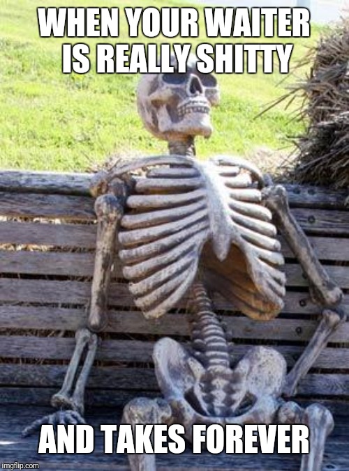 Waiting Skeleton | WHEN YOUR WAITER IS REALLY SHITTY; AND TAKES FOREVER | image tagged in memes,waiting skeleton | made w/ Imgflip meme maker