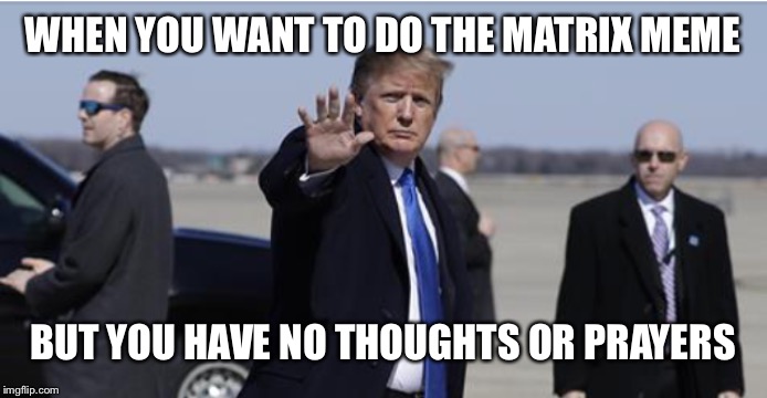 Neo Trump | WHEN YOU WANT TO DO THE MATRIX MEME; BUT YOU HAVE NO THOUGHTS OR PRAYERS | image tagged in trump,neo | made w/ Imgflip meme maker