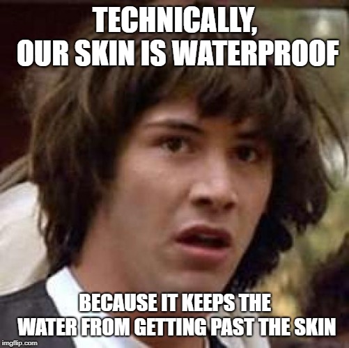 is this an original shower thought or am i an idiot | TECHNICALLY, OUR SKIN IS WATERPROOF; BECAUSE IT KEEPS THE WATER FROM GETTING PAST THE SKIN | image tagged in memes,conspiracy keanu | made w/ Imgflip meme maker