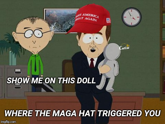 SHOW ME ON THIS DOLL; WHERE THE MAGA HAT TRIGGERED YOU image tagged in show ...