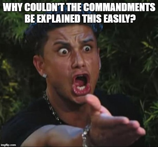 DJ Pauly D Meme | WHY COULDN'T THE COMMANDMENTS BE EXPLAINED THIS EASILY? | image tagged in memes,dj pauly d | made w/ Imgflip meme maker
