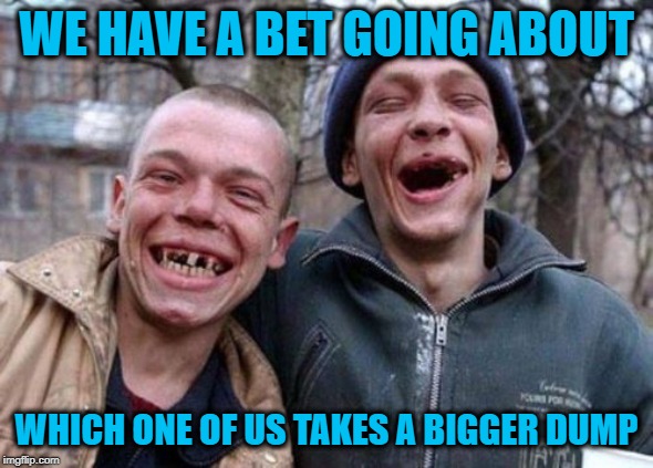 Ugly Twins Meme | WE HAVE A BET GOING ABOUT WHICH ONE OF US TAKES A BIGGER DUMP | image tagged in memes,ugly twins | made w/ Imgflip meme maker