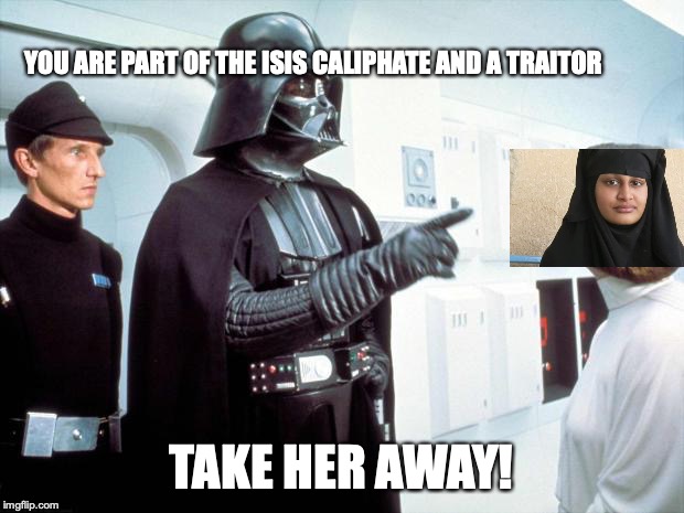 Darth Vader | YOU ARE PART OF THE ISIS CALIPHATE AND A TRAITOR; TAKE HER AWAY! | image tagged in darth vader | made w/ Imgflip meme maker