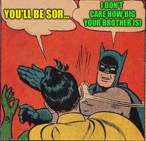 Batman Slapping Robin Meme | YOU'LL BE SOR... I DON'T CARE HOW BIG YOUR BROTHER IS! | image tagged in memes,batman slapping robin | made w/ Imgflip meme maker