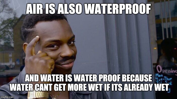 Roll Safe Think About It Meme | AIR IS ALSO WATERPROOF AND WATER IS WATER PROOF BECAUSE WATER CANT GET MORE WET IF ITS ALREADY WET | image tagged in memes,roll safe think about it | made w/ Imgflip meme maker
